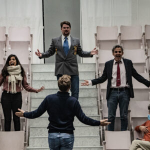 Répétitions en novembre dernier : Jodie Devos, Denzil Delaere, J.S. Bou, Richard Brunel (de dos) et Bassem Akiki © Simon Van Rompay