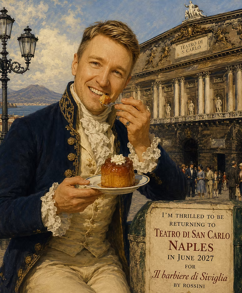Maxim Mironov fêtant, sur son site, son prochain retour à Naples dans le Barbier
