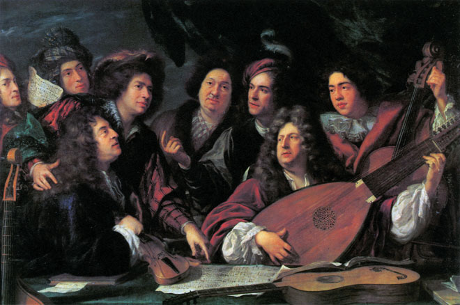 Portrait de plusieurs musiciens du siècle de Louis XIV, par François Puget. On identifie traditionnellement les deux figures principales comme étant Jean-Baptiste Lully et Philippe Quinault © Musée du Louvre