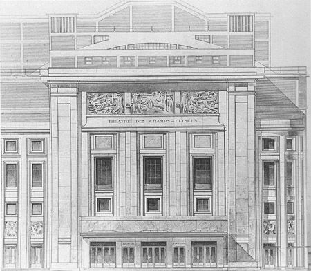 Façade du Théâtre des Champs-Elysées, dessin préparatoire d'Auguste Perret c. 1908 © DR