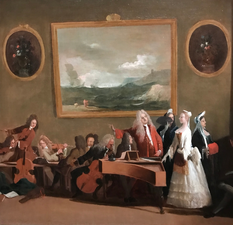 Marco Ricci, Une répétition d'un opéra (vers 1709), Répétition de l'opéra d'Alessandro Scarlatti, Pirro e Demetrio, adapté par le musicien anglais Nicolo Haym, ici au clavecin pour le Queen's Theater de Londres